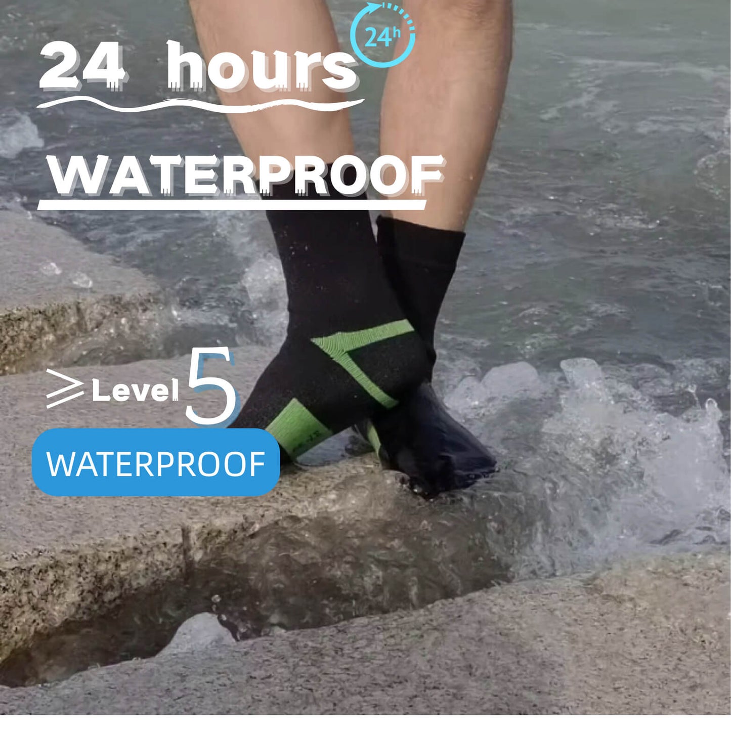 Hiker wearing waterproof socks to protect feet from water and mud.