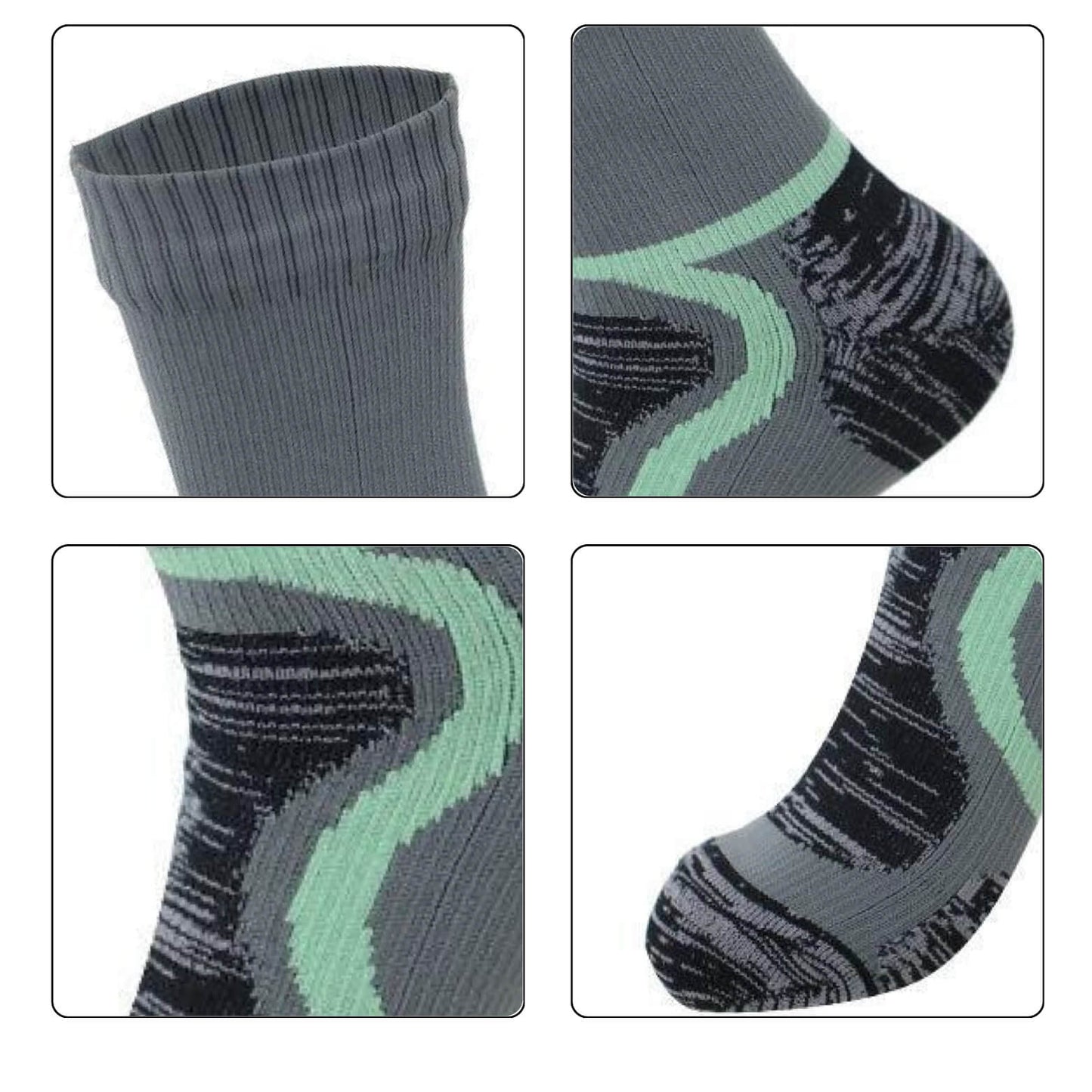 Zoomed-in view of waterproof socks showing design features and craftsmanship