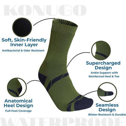 Detailed construction of Konugo waterproof socks highlighting comfort, support and durability