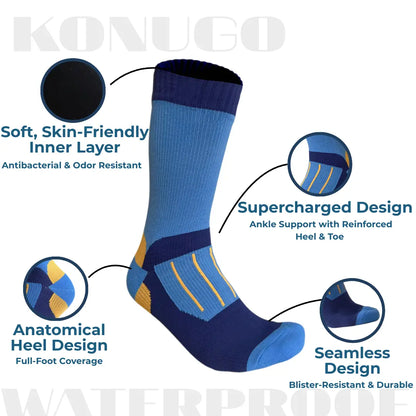 Detailed construction of Konugo waterproof socks highlighting comfort, support and durability