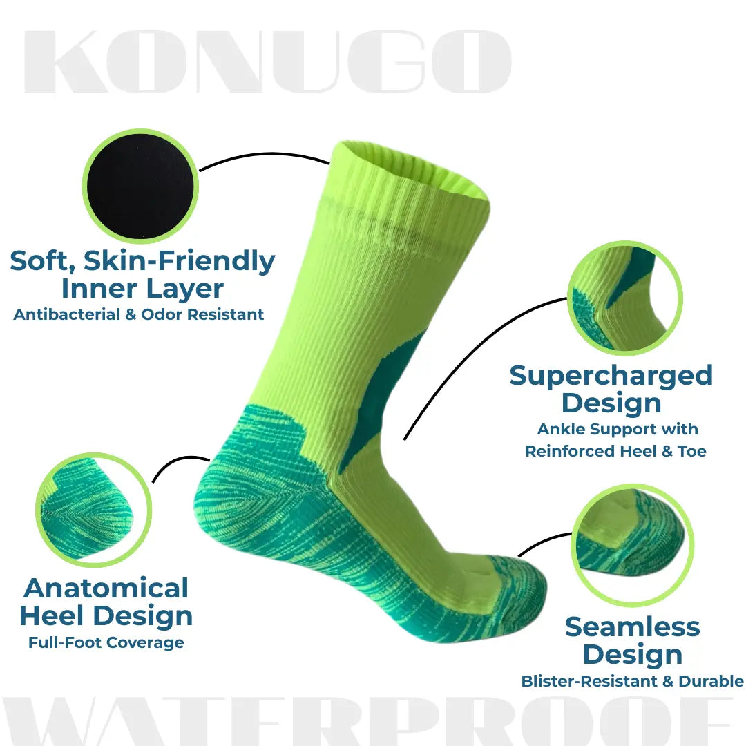 Detailed construction of Konugo waterproof socks highlighting comfort, support and durability
