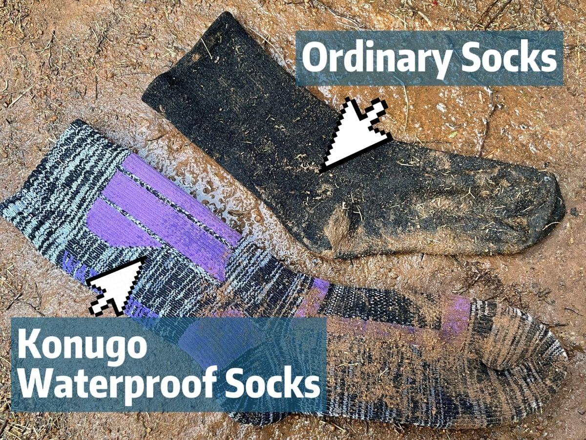 Comparison of muddy ordinary socks and Konugo waterproof socks