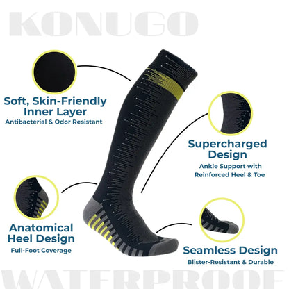 Detailed construction of Konugo waterproof socks highlighting comfort, support and durability