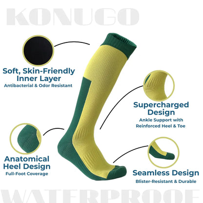 Detailed construction of Konugo waterproof socks highlighting comfort, support and durability