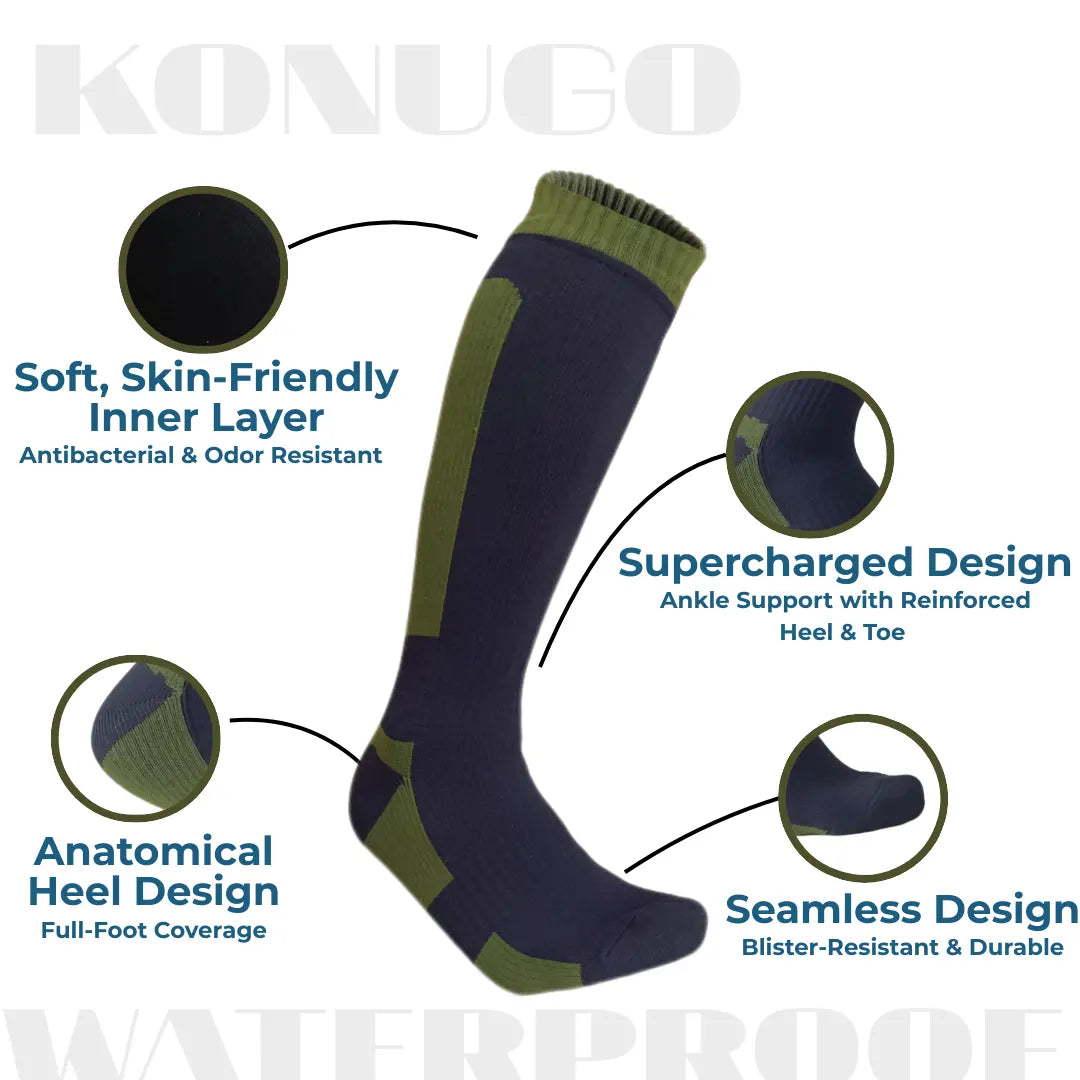 Detailed construction of Konugo waterproof socks highlighting comfort, support and durability