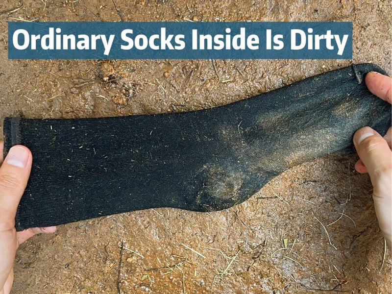 Inside of ordinary socks covered with dirt and mud