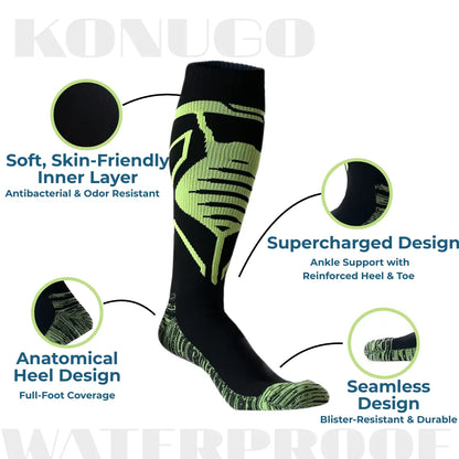 Detailed construction of Konugo waterproof socks highlighting comfort, support and durability