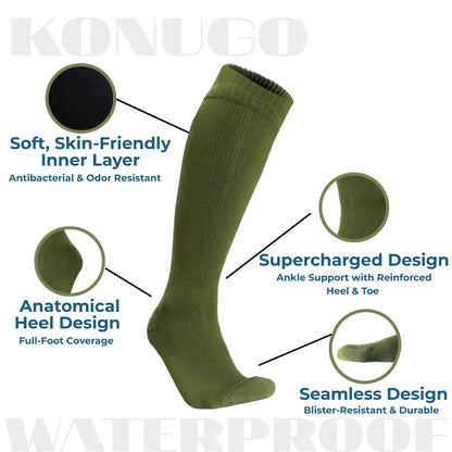 Detailed construction of Konugo waterproof socks highlighting comfort, support and durability