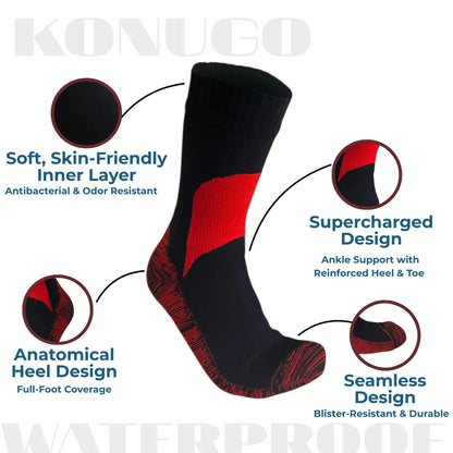 Detailed construction of Konugo waterproof socks highlighting comfort, support and durability