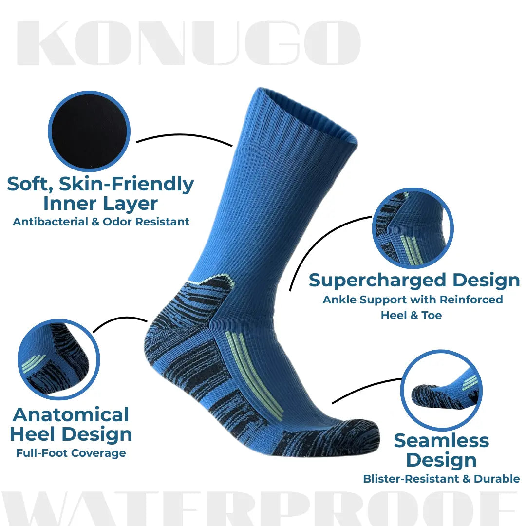 Detailed construction of Konugo waterproof socks highlighting comfort, support and durability