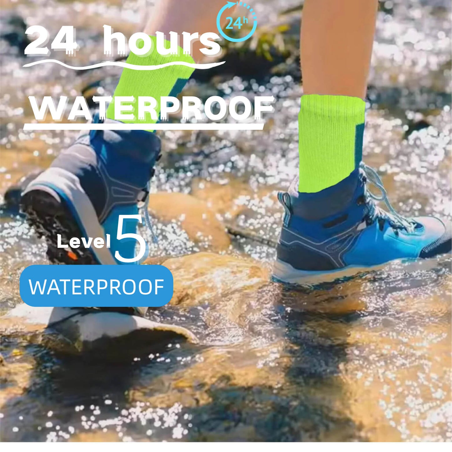 Hiker wearing waterproof socks to protect feet from water and mud.