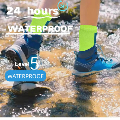 Hiker wearing waterproof socks to protect feet from water and mud.