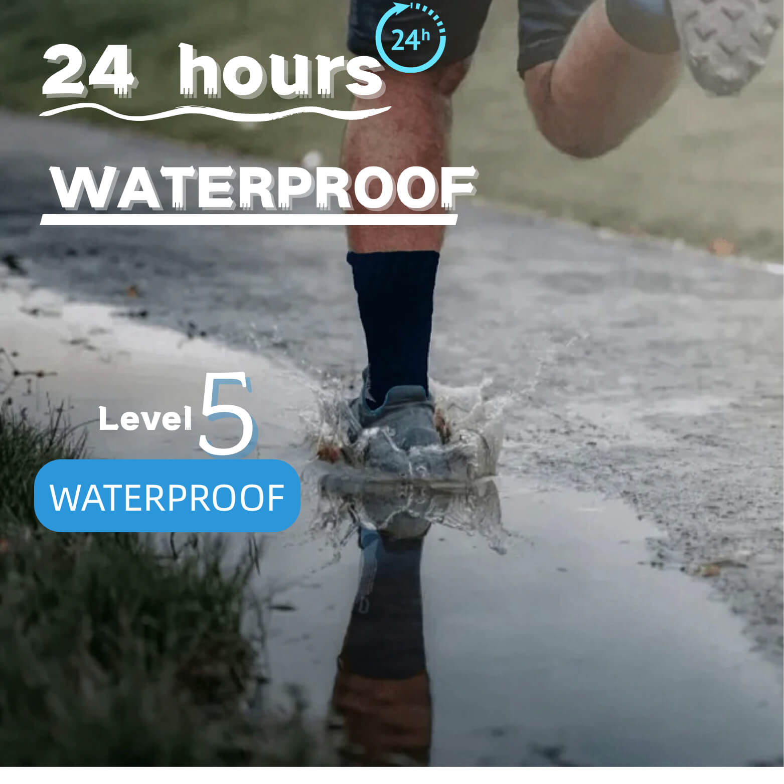 Hiker wearing waterproof socks to protect feet from water and mud.