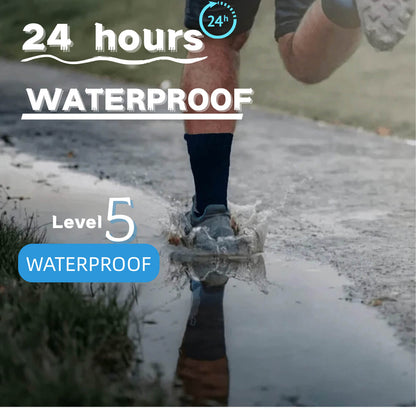 Hiker wearing waterproof socks to protect feet from water and mud.