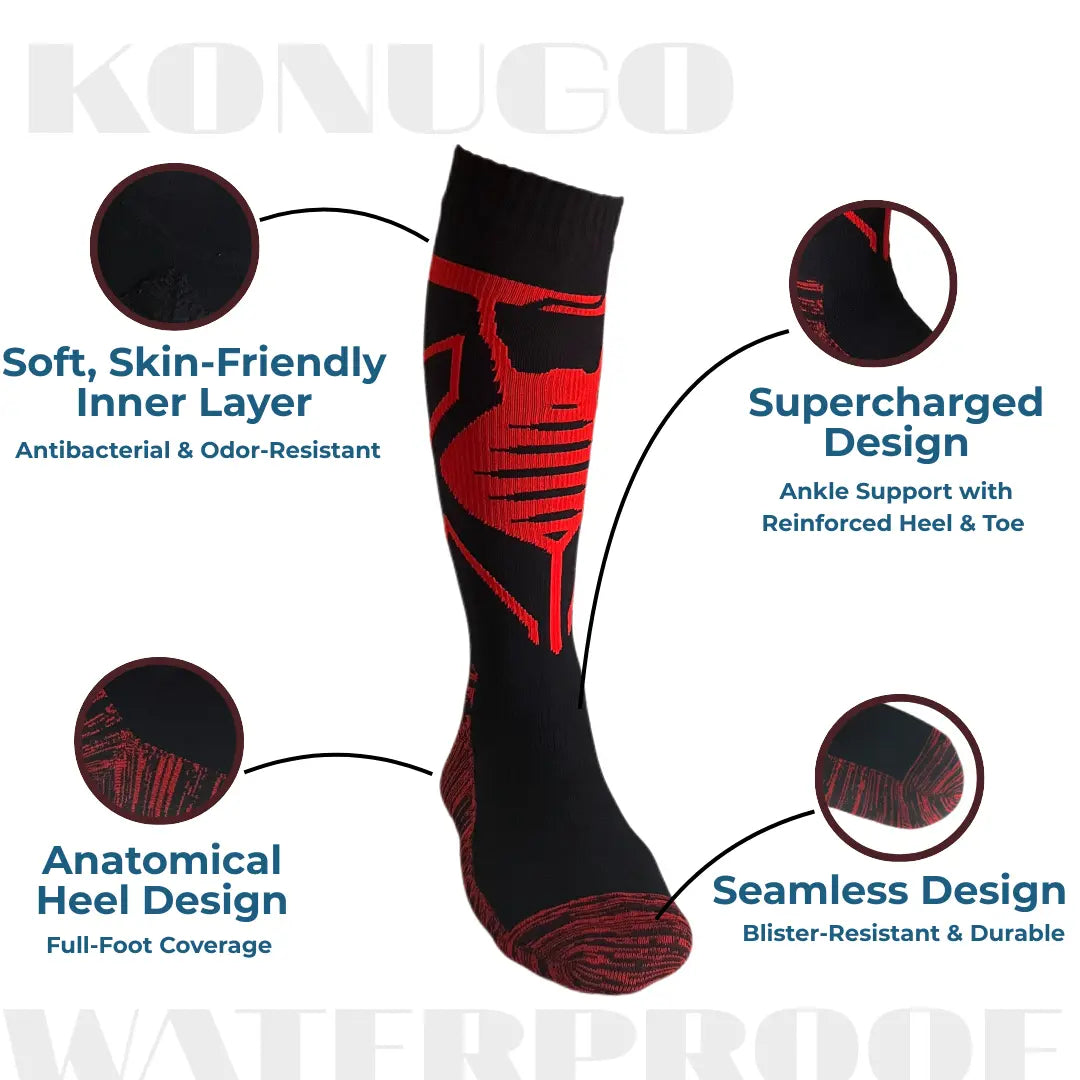 Detailed construction of Konugo waterproof socks highlighting comfort, support and durability