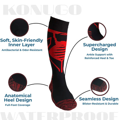 Detailed construction of Konugo waterproof socks highlighting comfort, support and durability