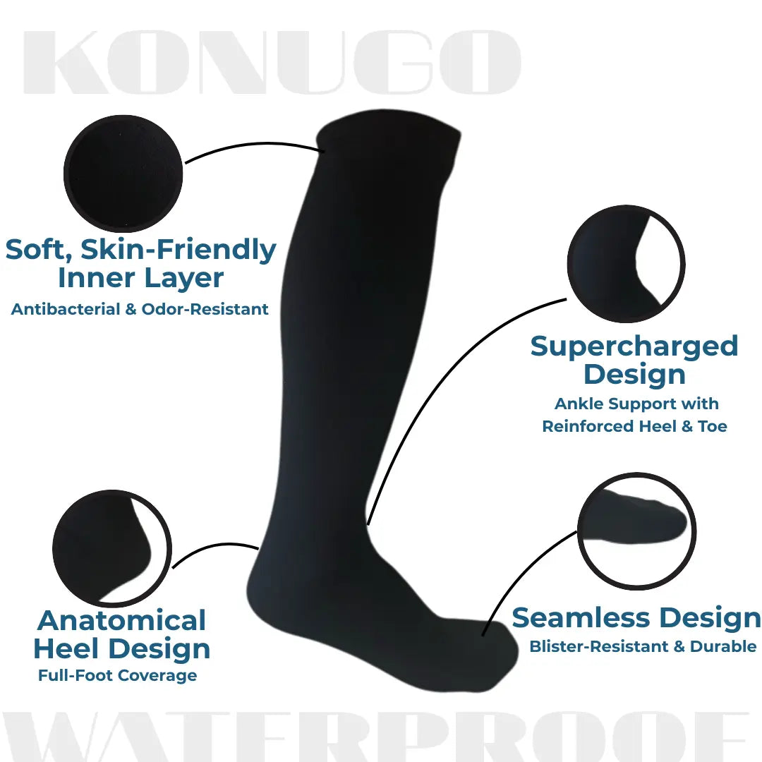 Detailed construction of Konugo waterproof socks highlighting comfort, support and durability