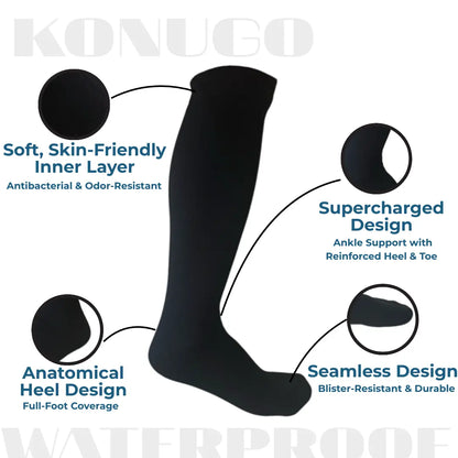 Detailed construction of Konugo waterproof socks highlighting comfort, support and durability