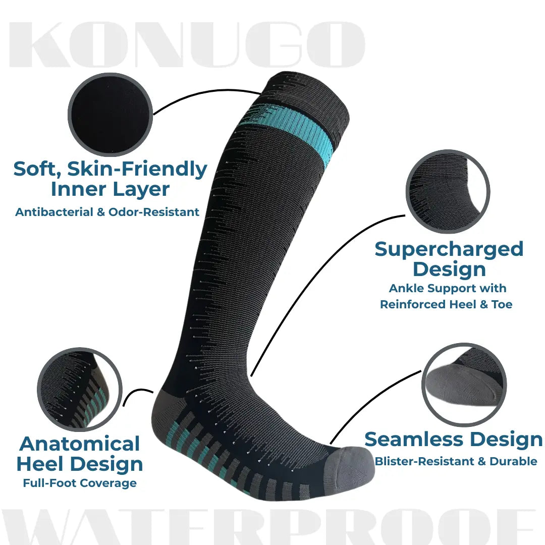 Detailed construction of Konugo waterproof socks highlighting comfort, support and durability