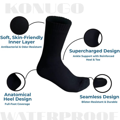 Detailed construction of Konugo waterproof socks highlighting comfort, support and durability