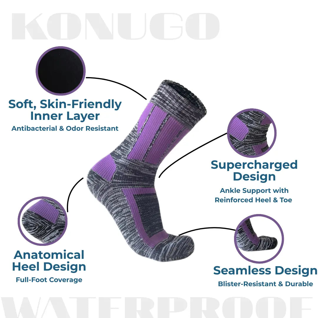 Detailed construction of Konugo waterproof socks highlighting comfort, support and durability