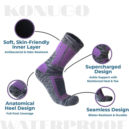 Detailed construction of Konugo waterproof socks highlighting comfort, support and durability