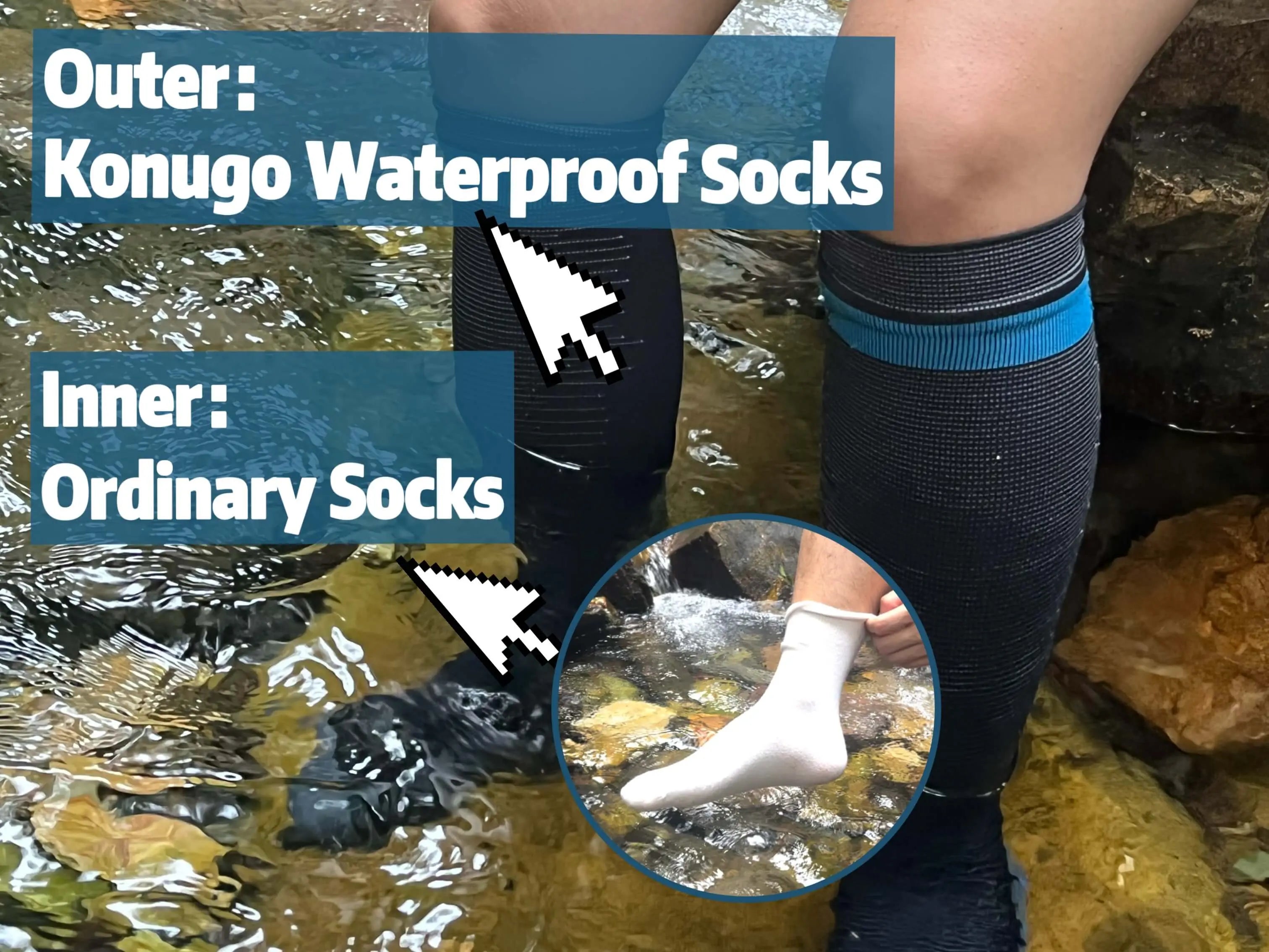 Water test showing Konugo waterproof socks keeping inner socks dry