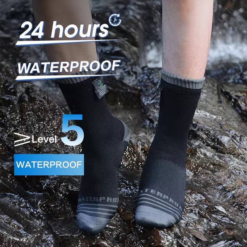 Hiker wearing waterproof socks to protect feet from water and mud.