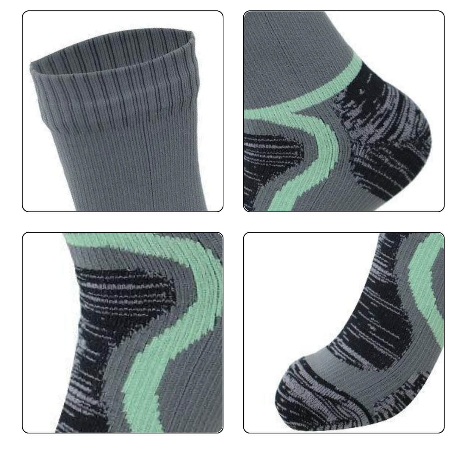 Zoomed-in view of waterproof socks showing design features and craftsmanship