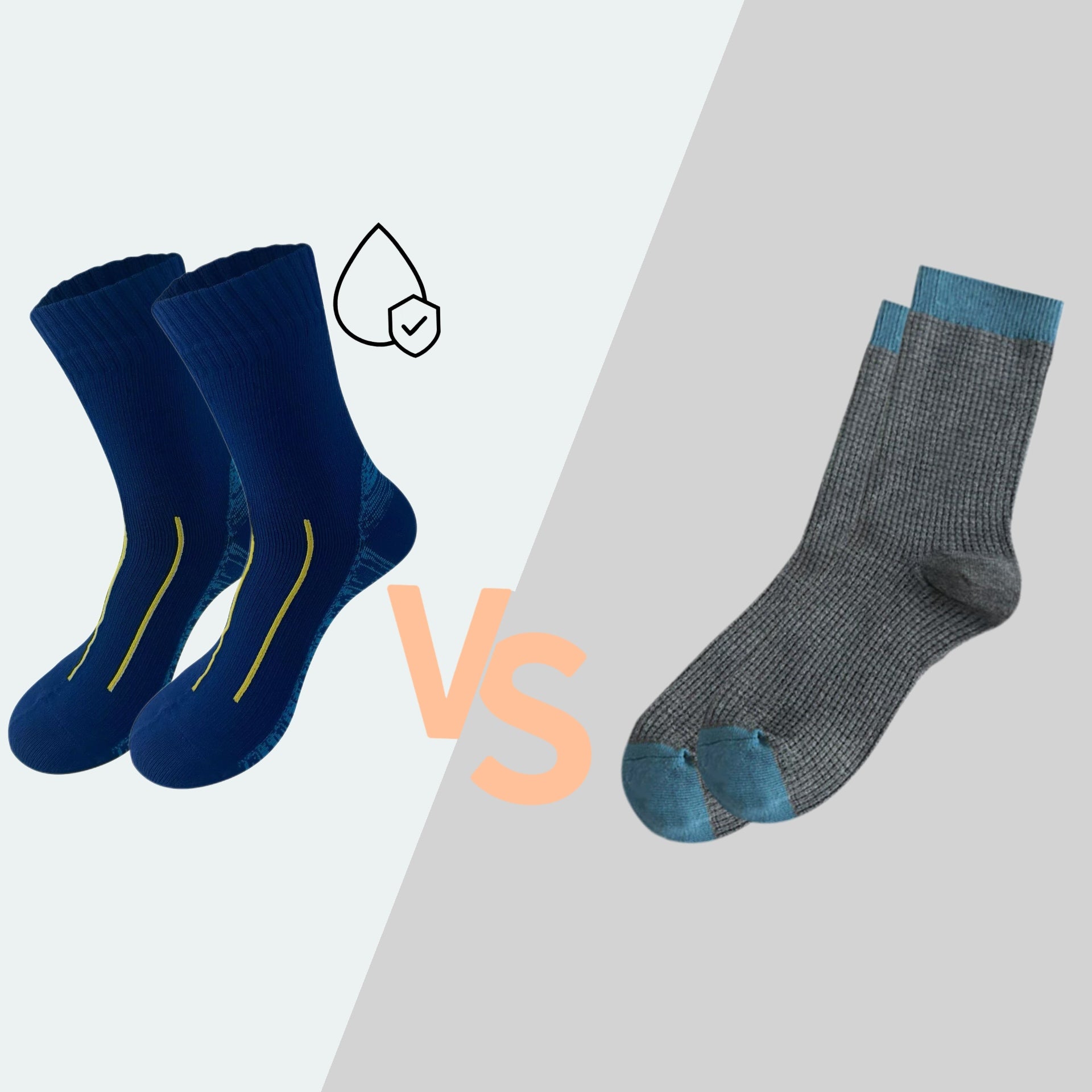 Regular socks vs waterproof socks comparison — waterproof socks protect feet from water, wind, and mud.